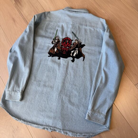 Vintage Star Wars Denim Shirt 2XL Blue 90s Movie Promo Button Up Darth Maul - Picture 9 of 9